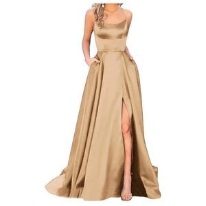 Women's Spaghetti Satin Long Black Prom Dresses with Pockets